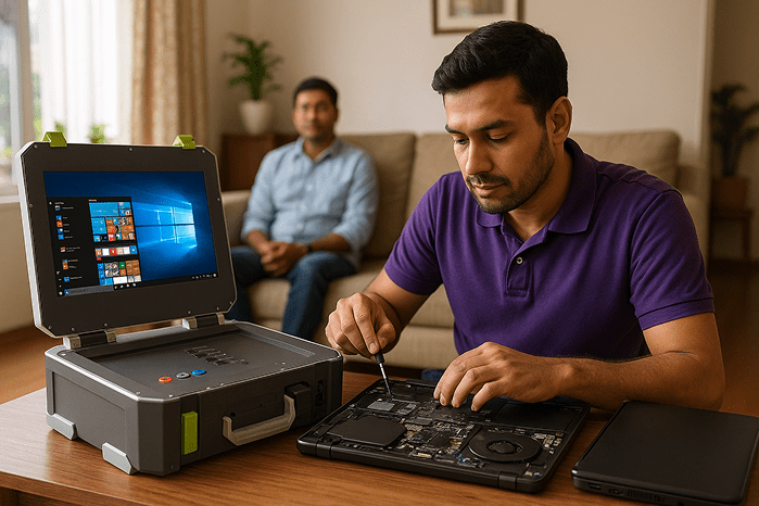 Electronics repair technician working on laptop with diagnostic equipment